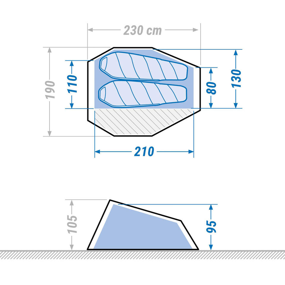 Dimensions de la tente Quickhiker ultralight 2 210 x 80-130 x 95 cm