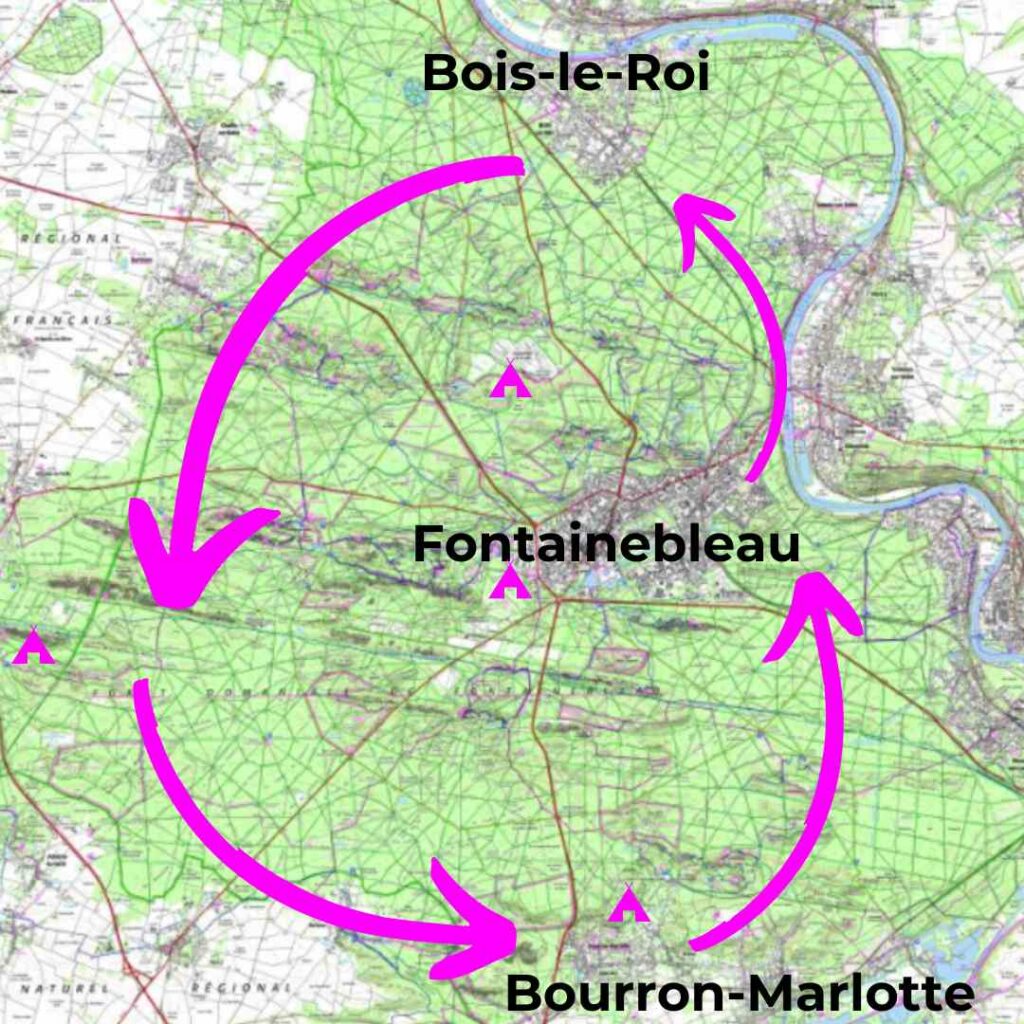 TMF Carte IGN avec bivouac Tour du Massif de Fontainebleau