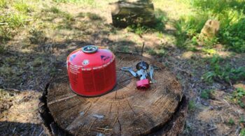 réchaud à gaz sur un tronc